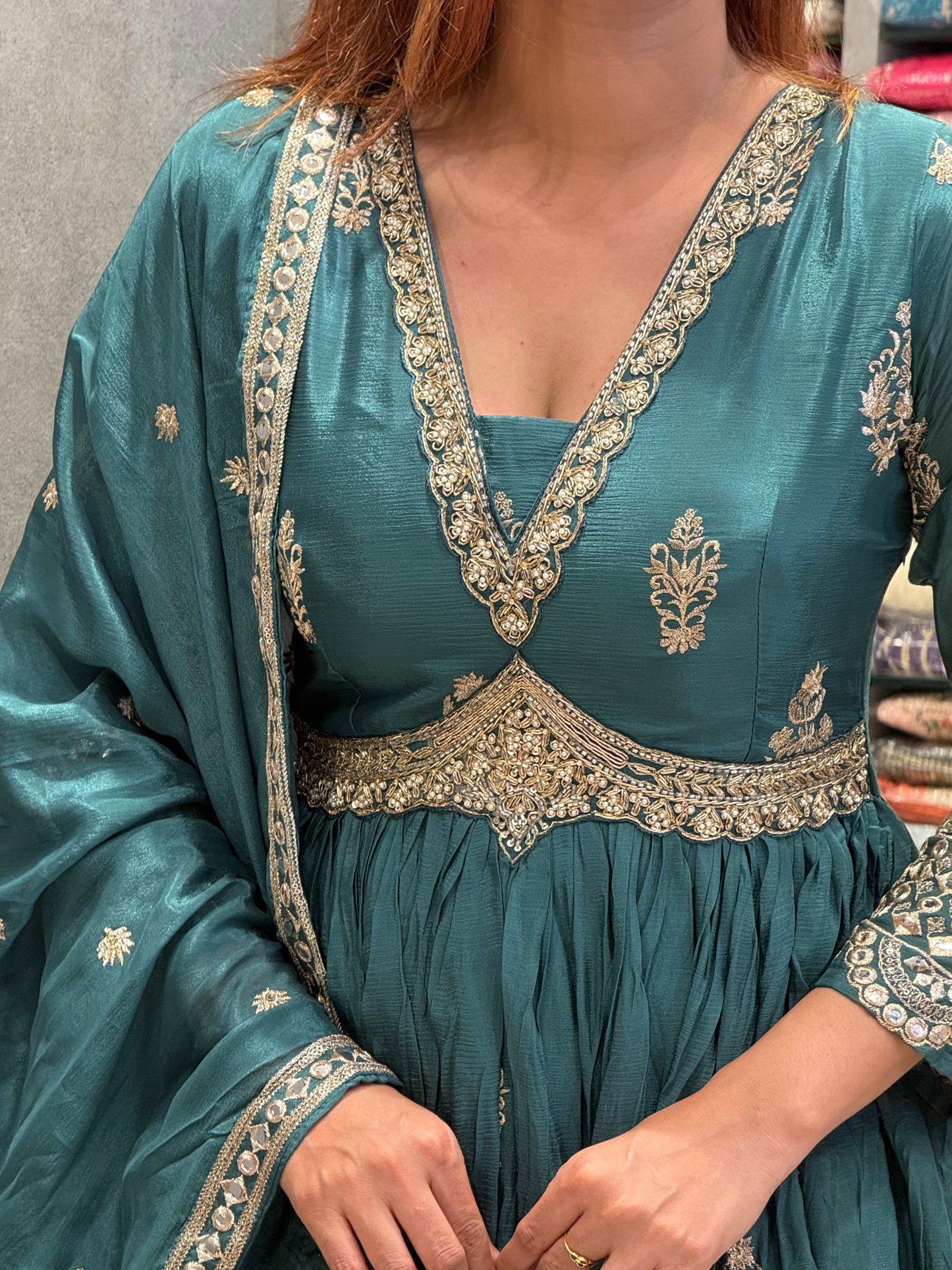 Teal Hand-Embroidered Silk Anarkali Set