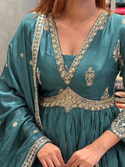 Teal Hand-Embroidered Silk Anarkali Set