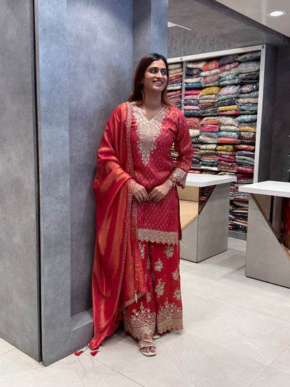 Crimson Shimmer Silk Gharara Set