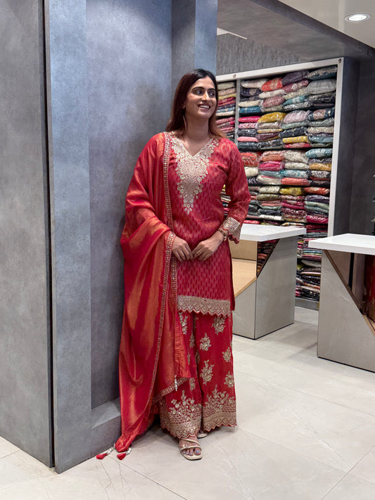 Crimson Shimmer Silk Gharara Set