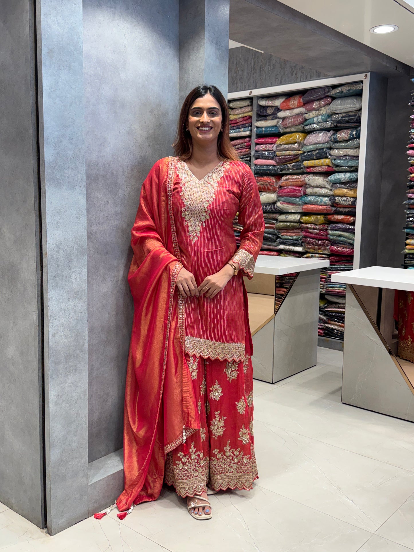 Crimson Shimmer Silk Gharara Set