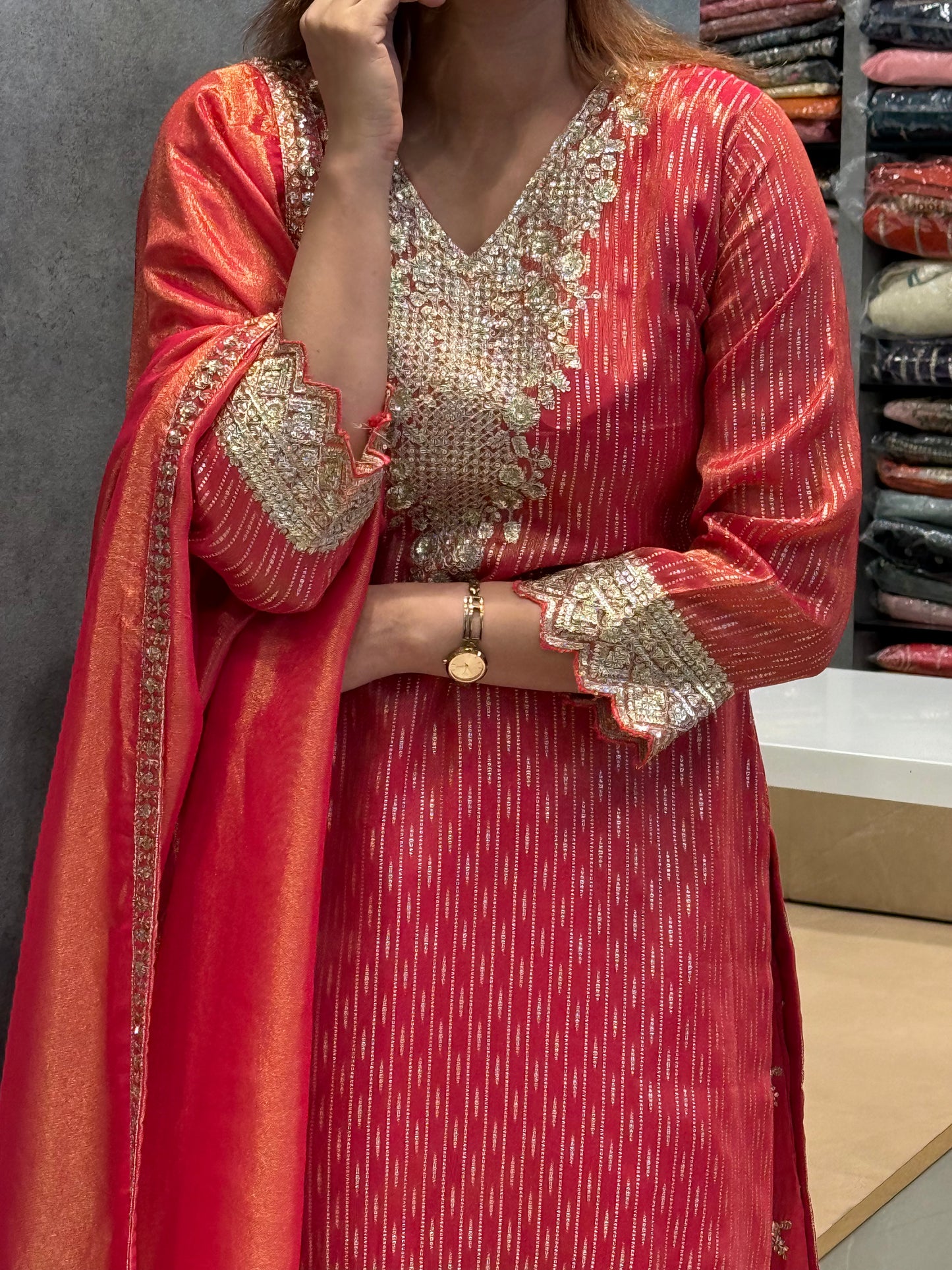Crimson Shimmer Silk Gharara Set