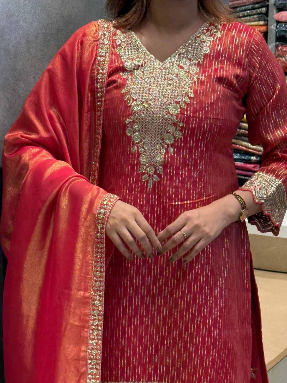 Crimson Shimmer Silk Gharara Set