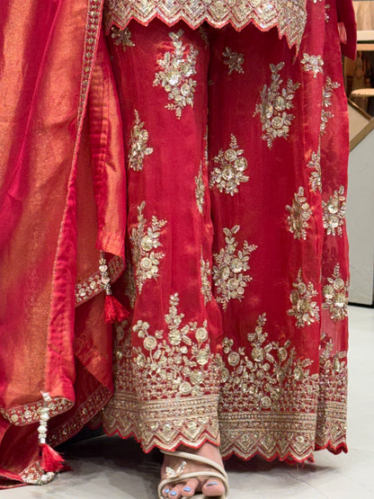 Crimson Shimmer Silk Gharara Set