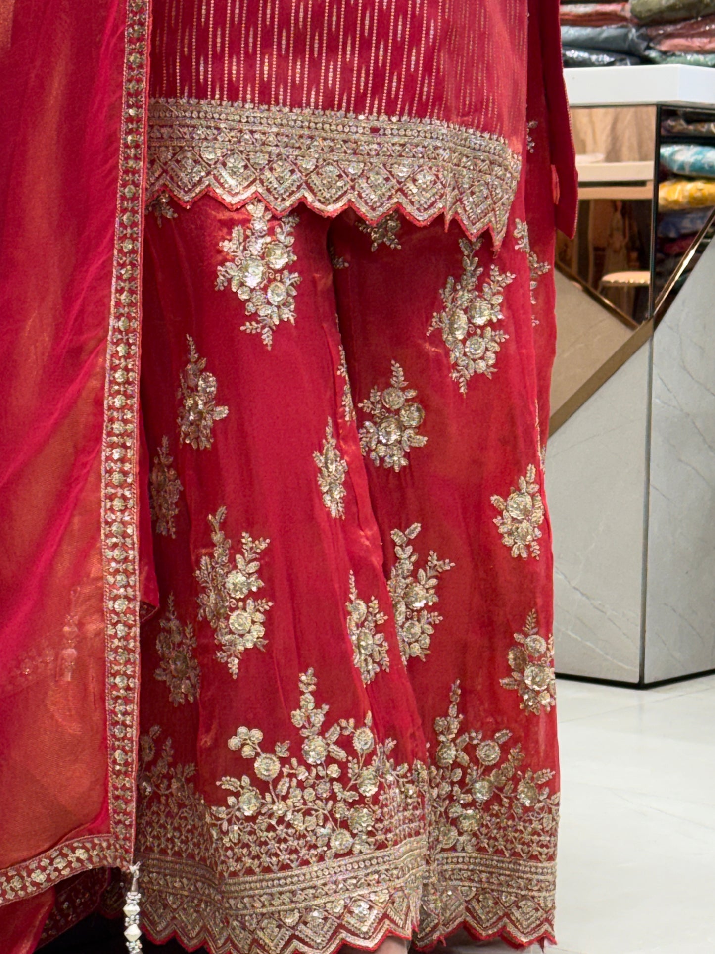Crimson Shimmer Silk Gharara Set
