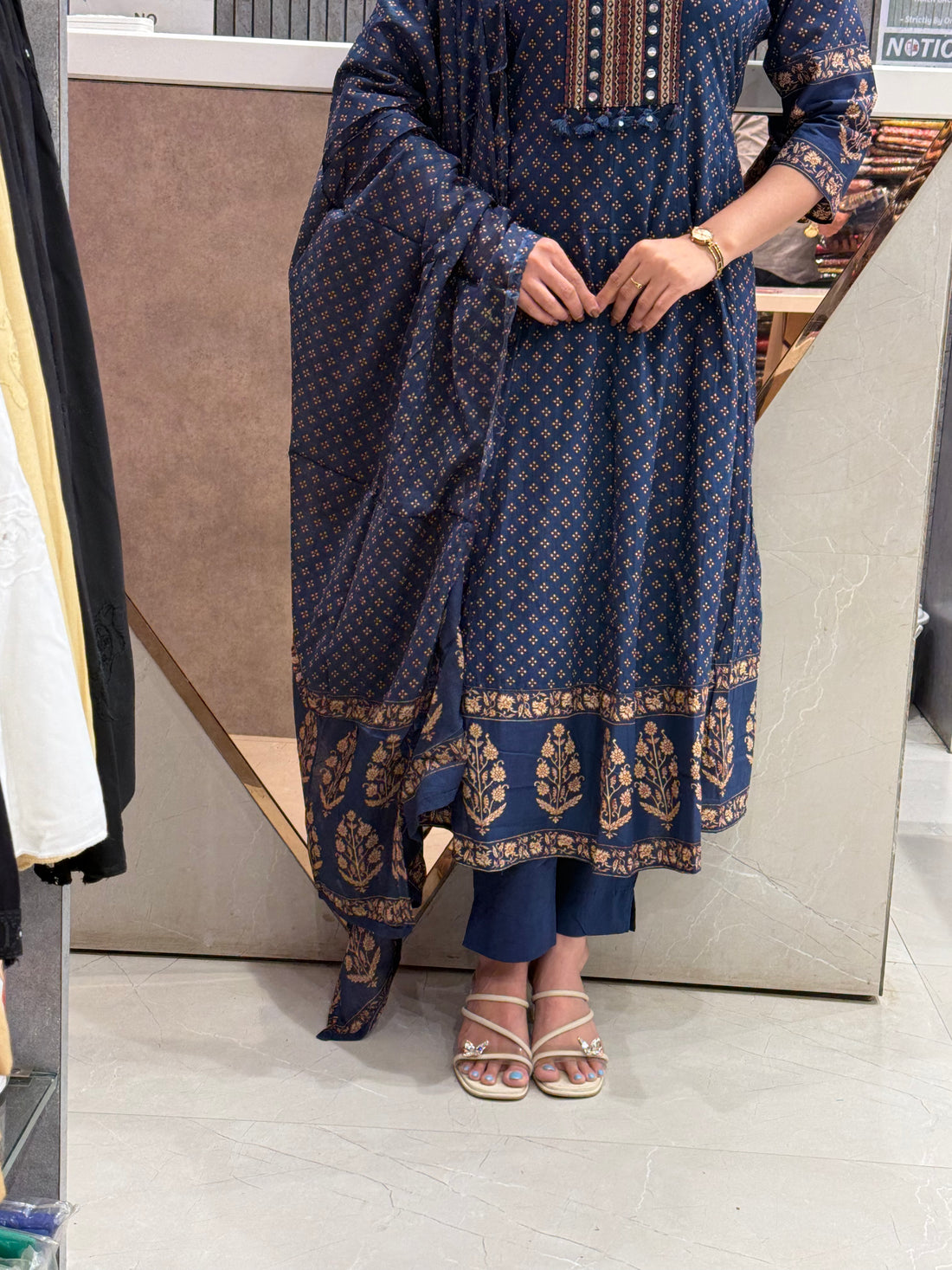 Deep Blue Pure Cotton 3-Piece Festive Anarkali Set