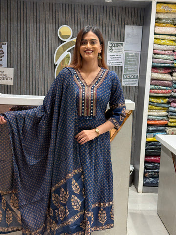 Deep Blue Pure Cotton 3-Piece Festive Anarkali Set