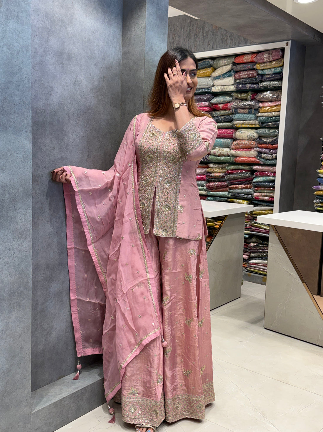 Powder Pink Silk Sharara Set