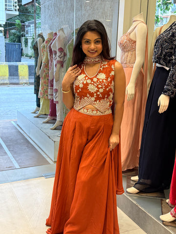 Terracotta Silk Georgette Co-ord Set with Choker Detail