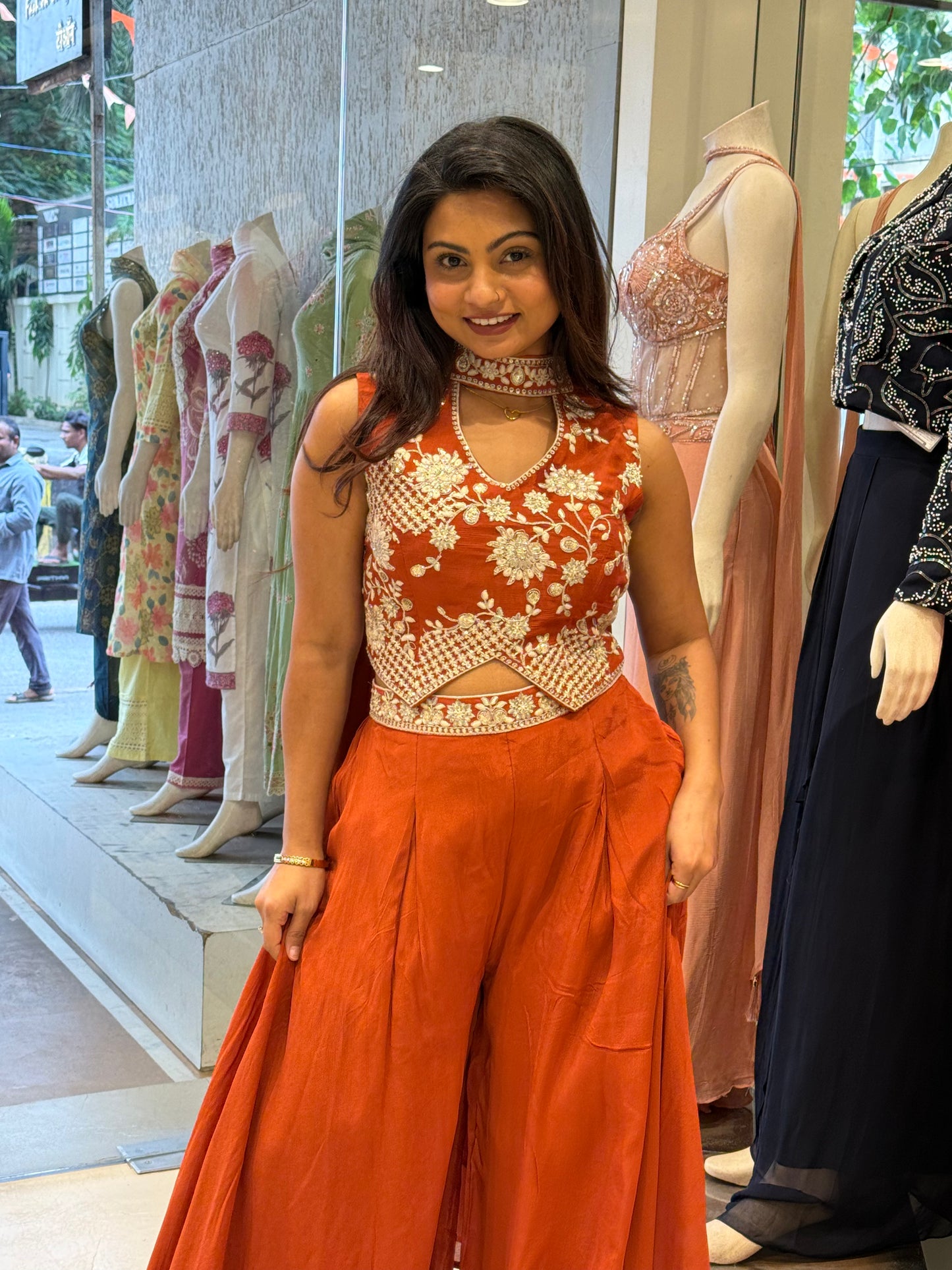 Terracotta Silk Georgette Co-ord Set with Choker Detail