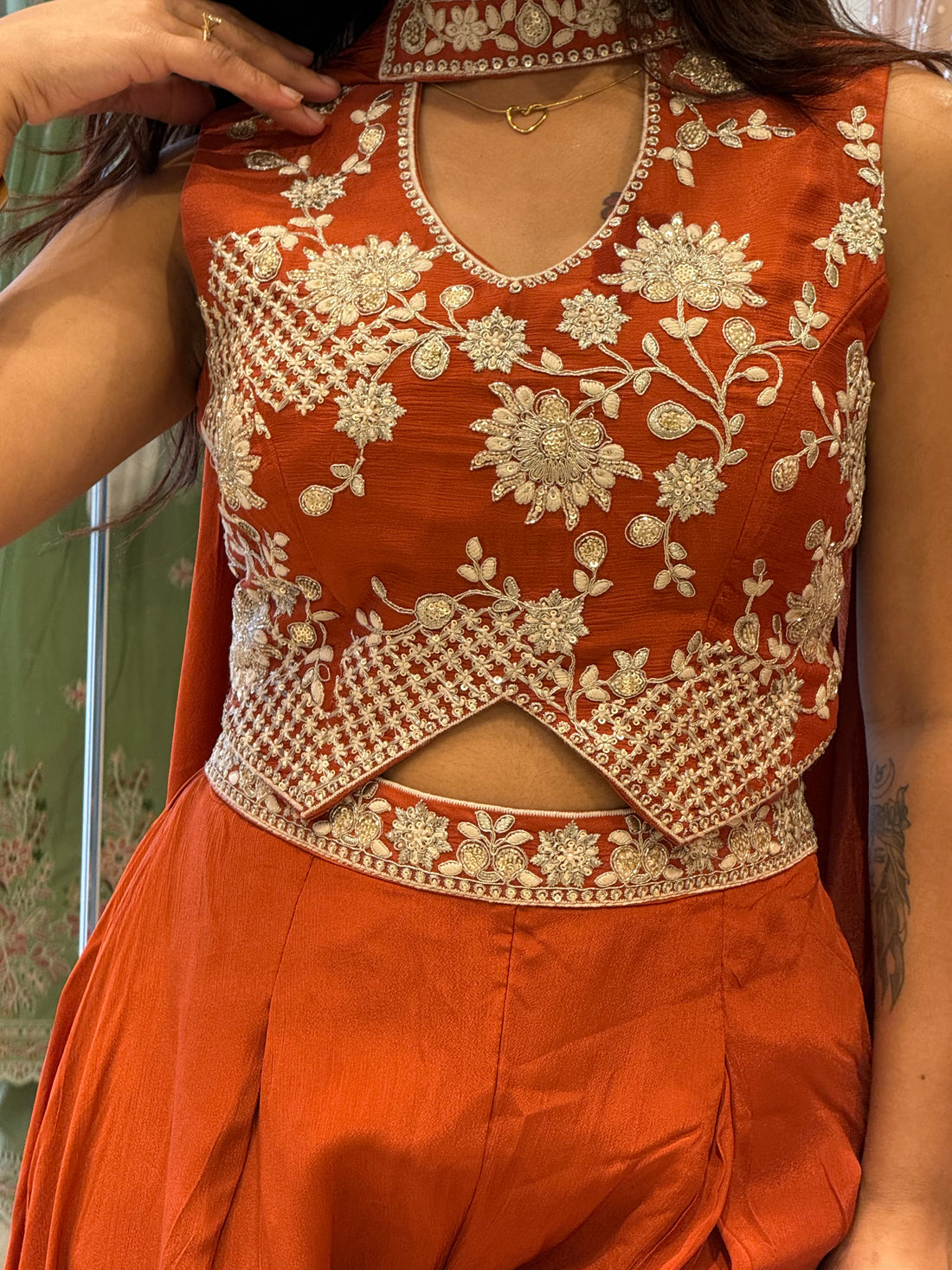 Terracotta Silk Georgette Co-ord Set with Choker Detail