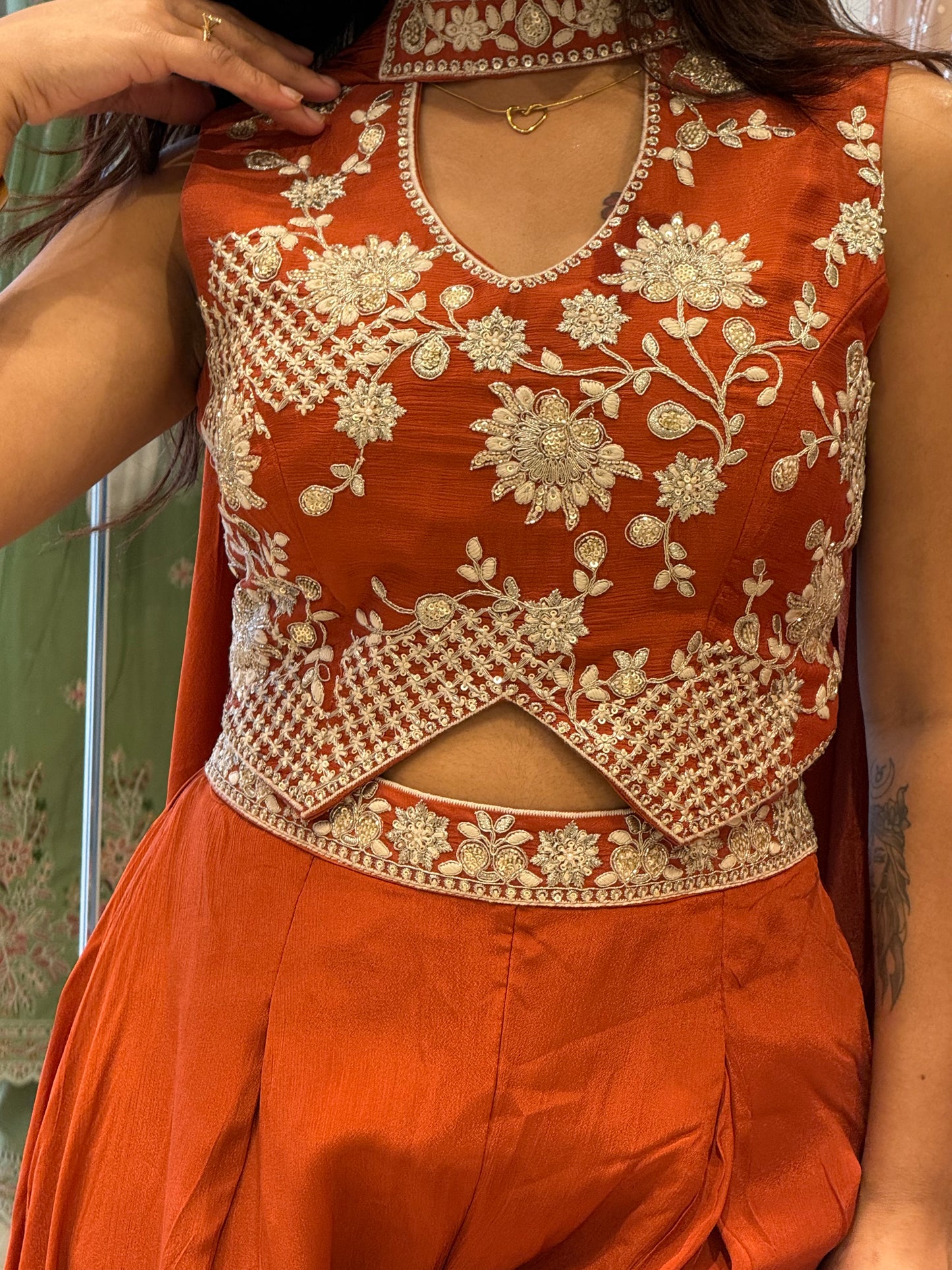 Terracotta Silk Georgette Co-ord Set with Choker Detail