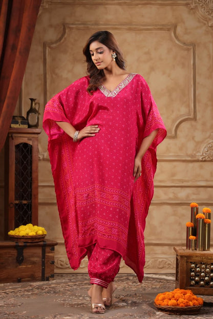 Silk Crepe Kaftan Set with Bandhani Design
