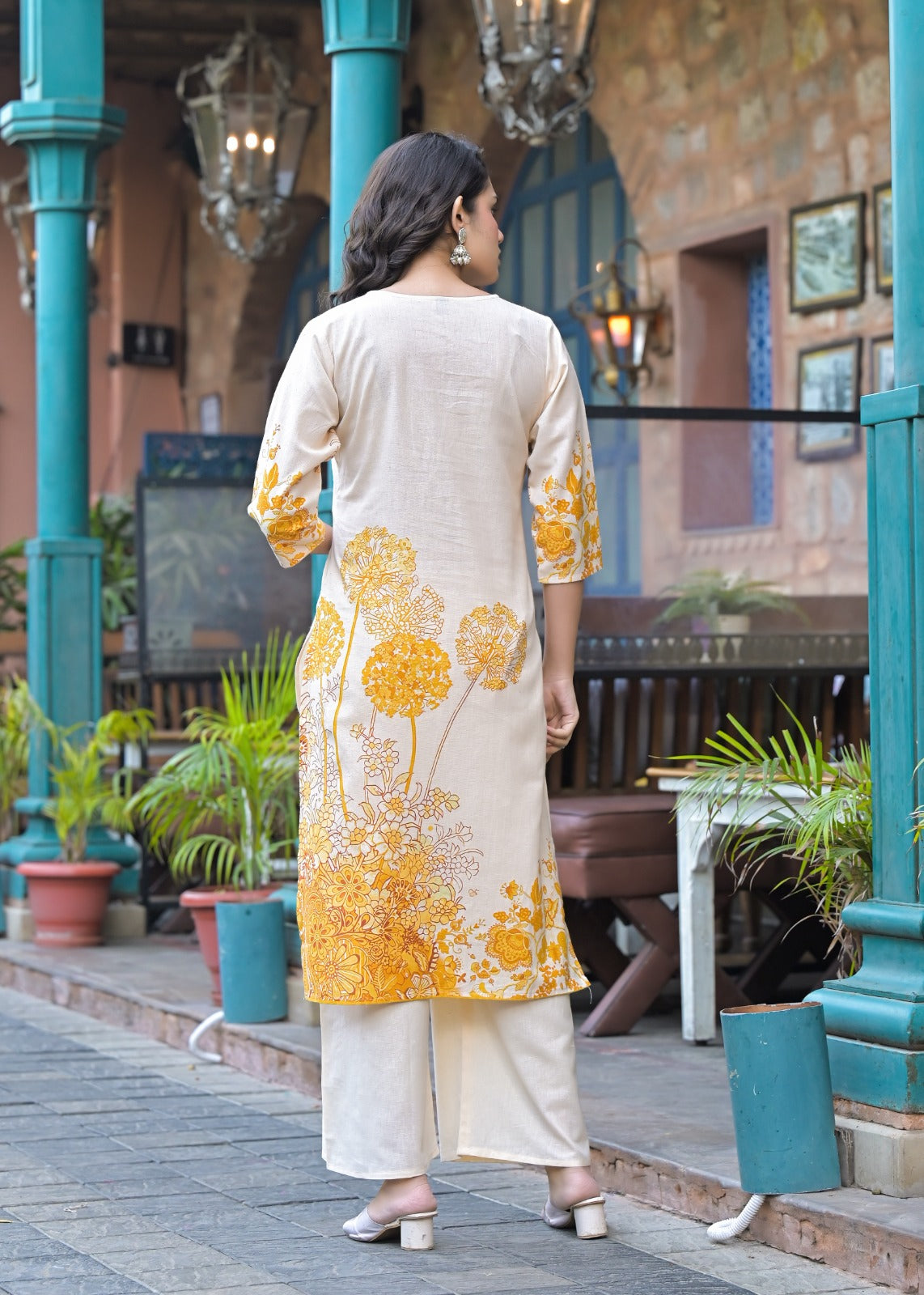 Elegant Off-White & Yellow Cotton Floral Suit Set with Plazo