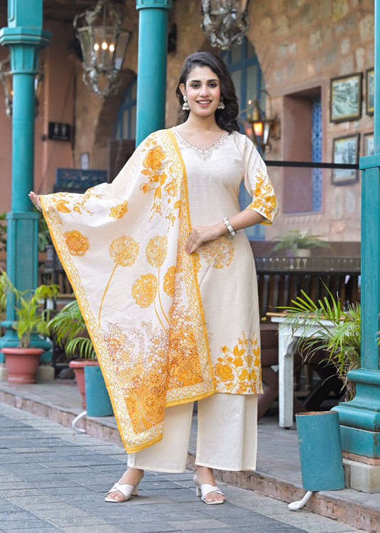Elegant Off-White & Yellow Cotton Floral Suit Set with Plazo