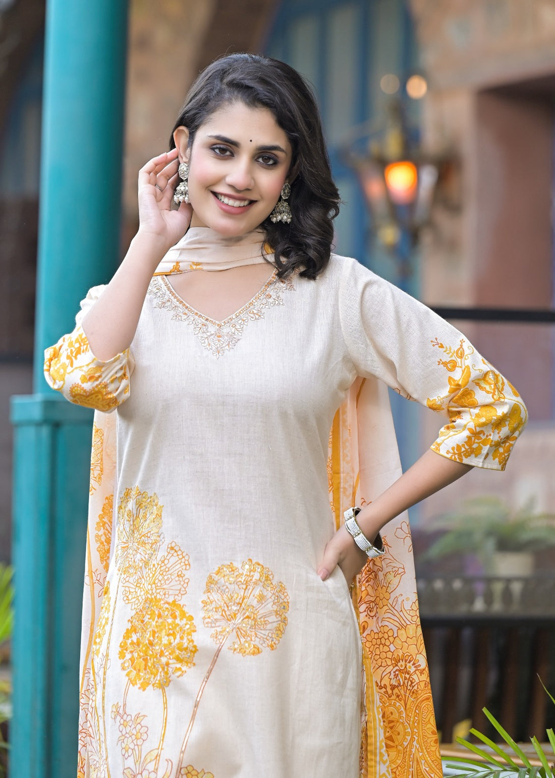 Elegant Off-White & Yellow Cotton Floral Suit Set with Plazo