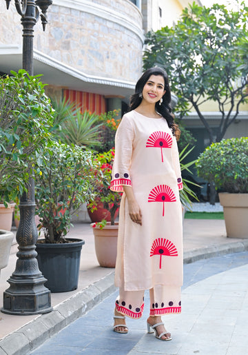 Peach & Red Printed Cotton Kurta Set