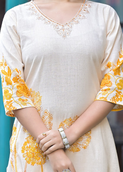 Elegant Off-White & Yellow Cotton Floral Suit Set with Plazo