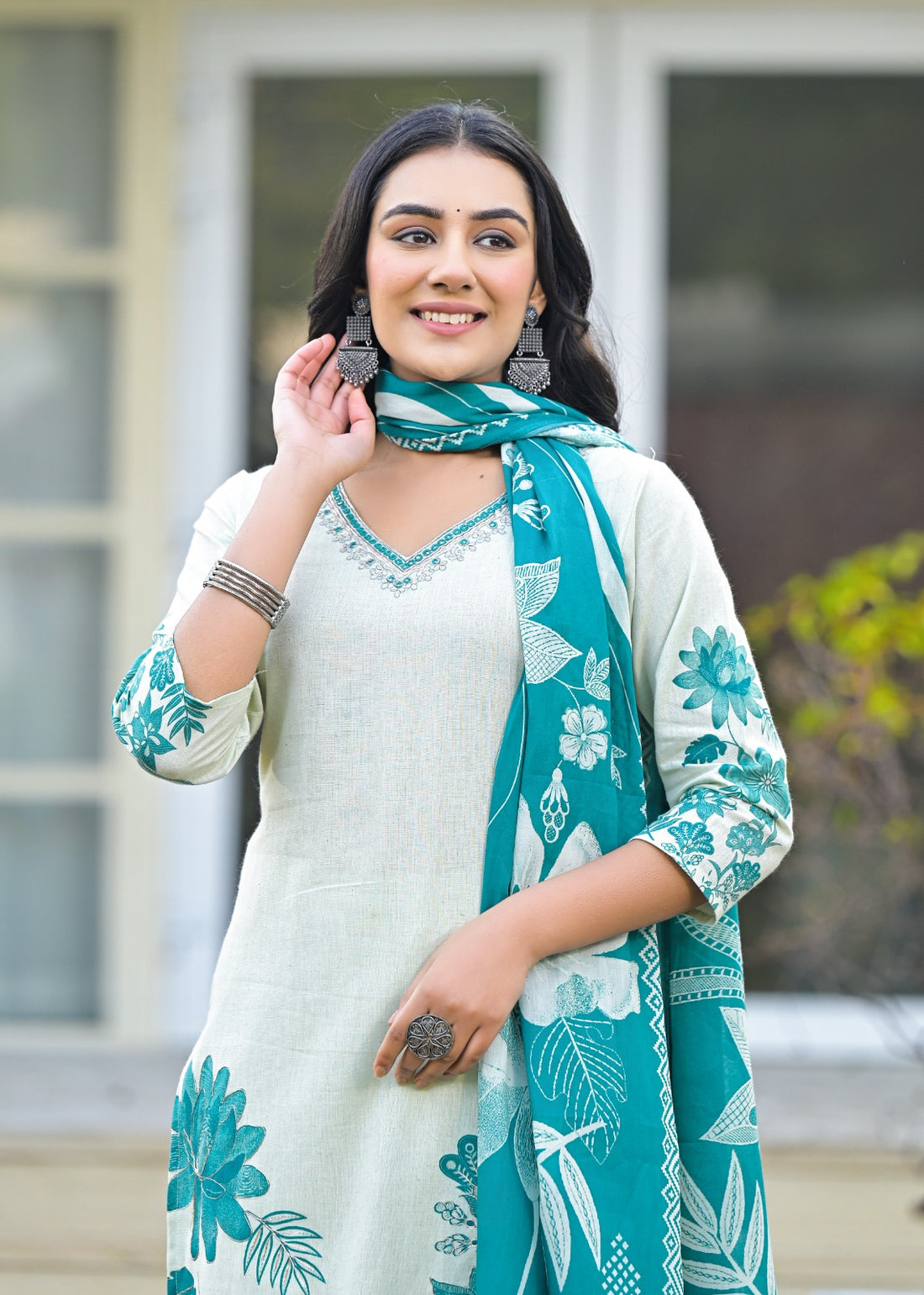 Elegant Sea Green Pure Cotton Printed Plazo Suit Set