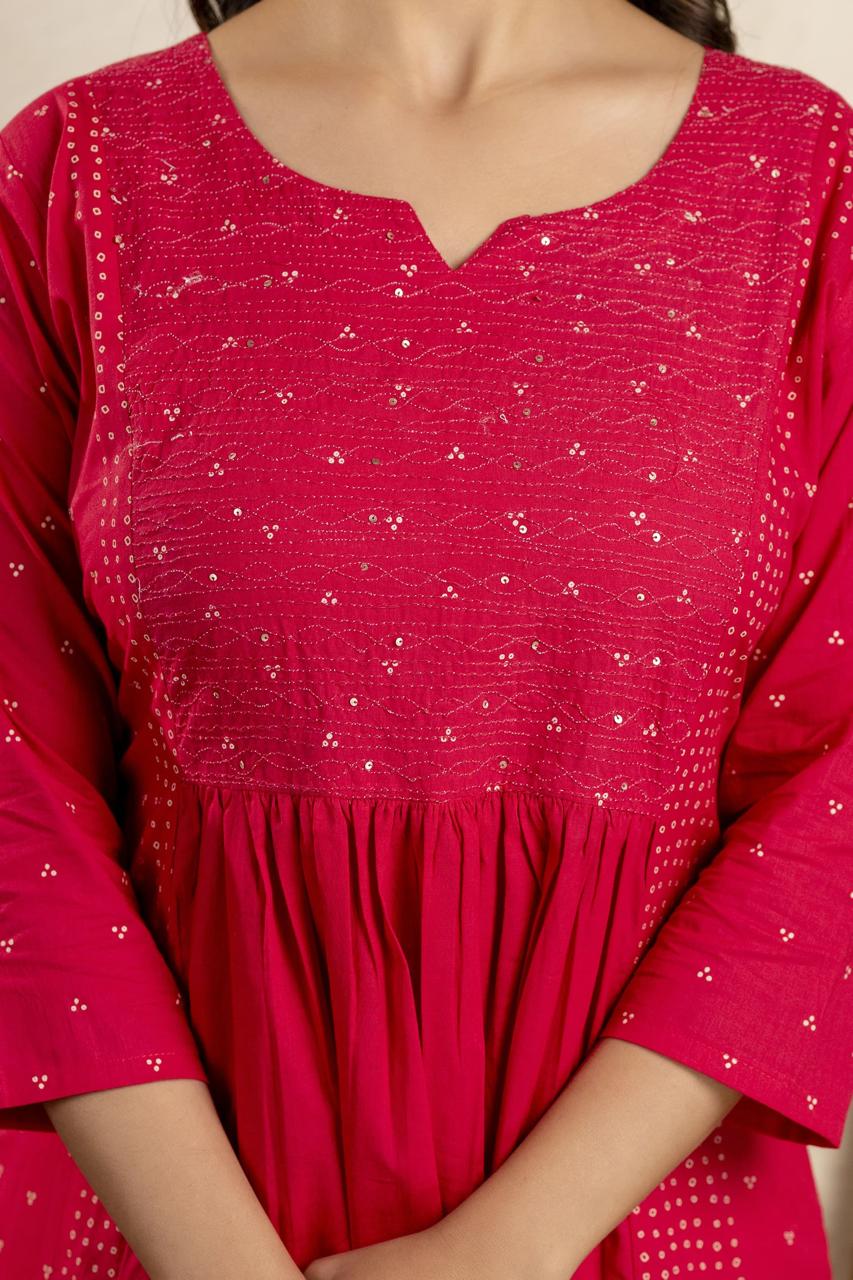 Red Cotton Anarkali Set with Printed Dupatta