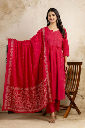 Red Cotton Anarkali Set with Printed Dupatta