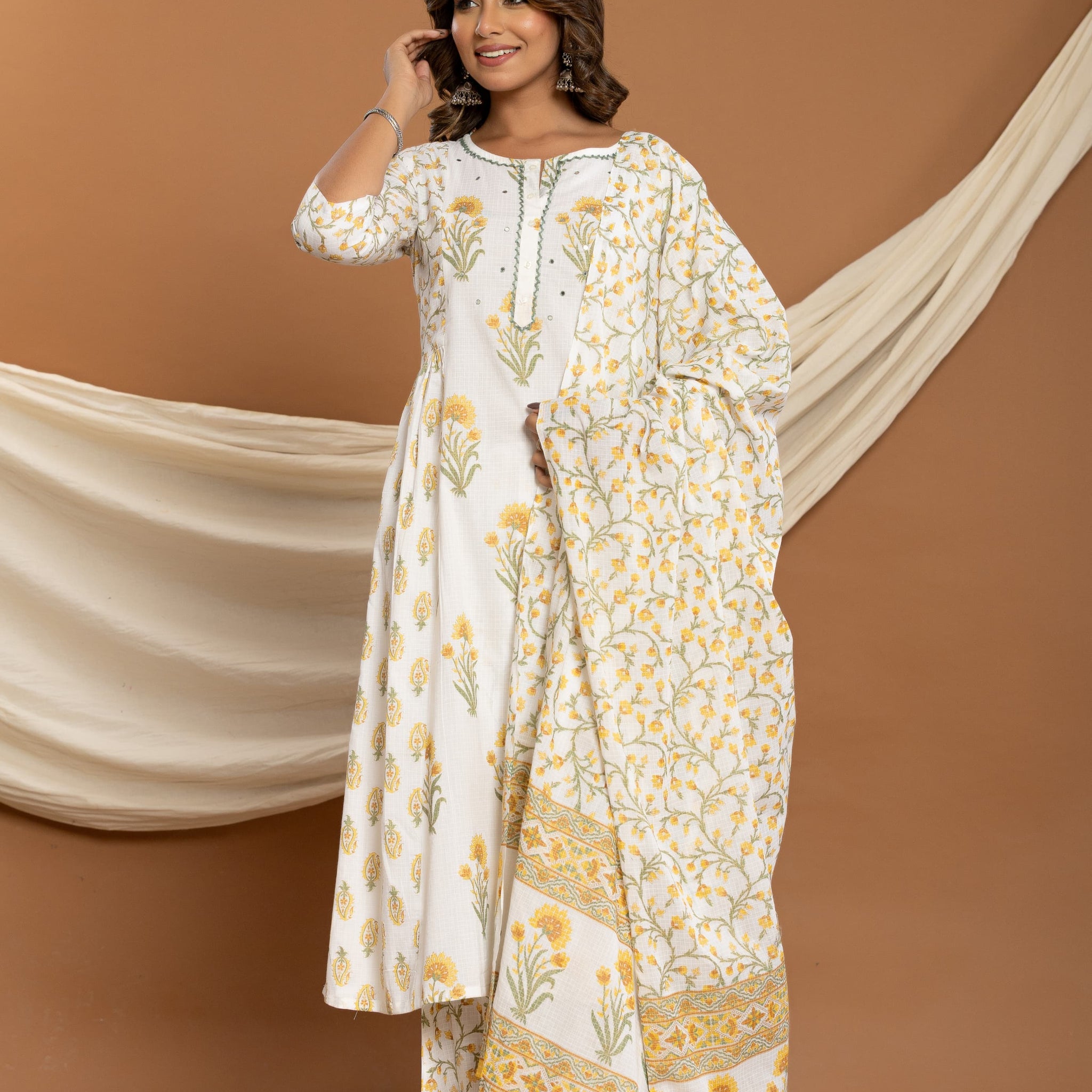 Ethereal Bloom Mul Cotton Suit Set With Plazo In Yellow