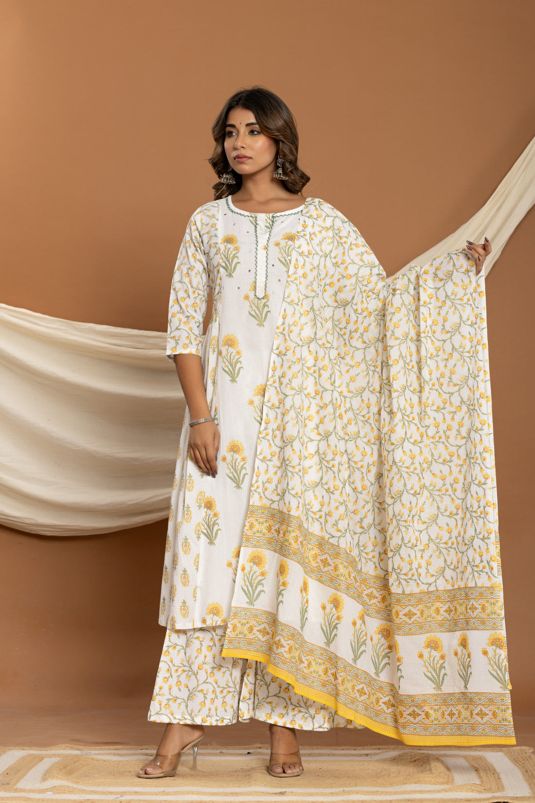 Ethereal Bloom Mul Cotton Suit Set With Plazo In Yellow