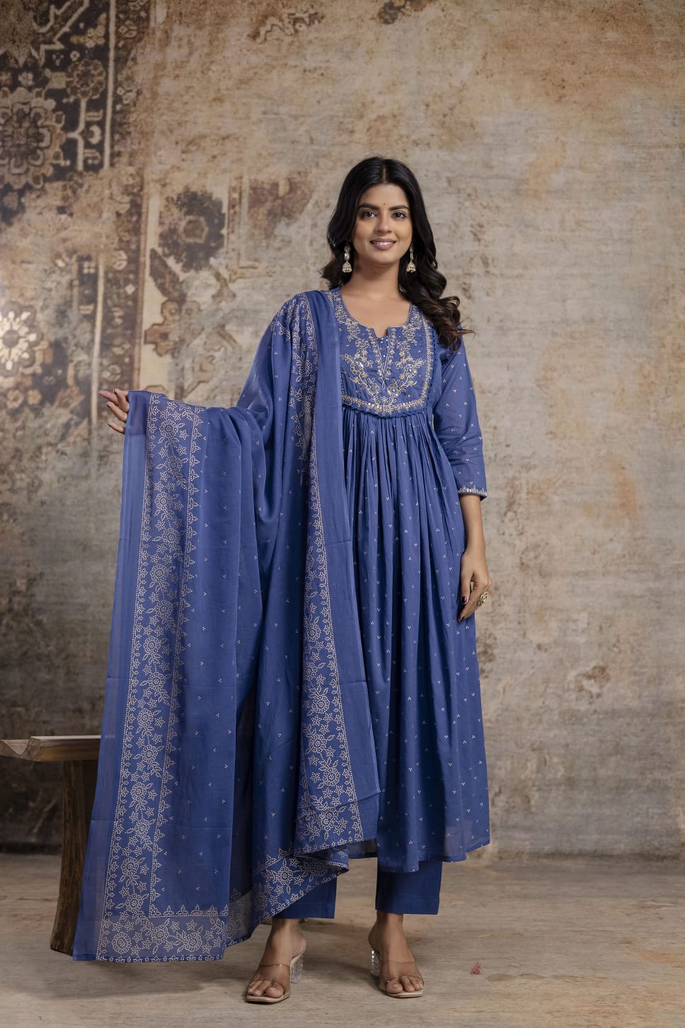 Embroidered Mul Cotton Anarkali Set In Blue