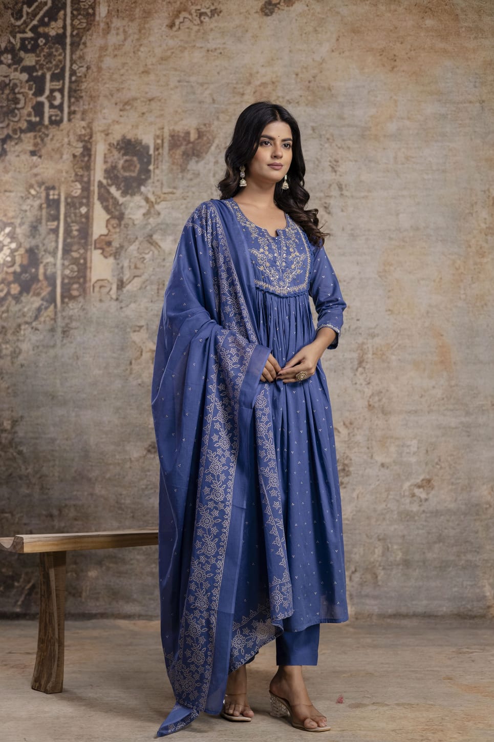 Embroidered Mul Cotton Anarkali Set In Blue