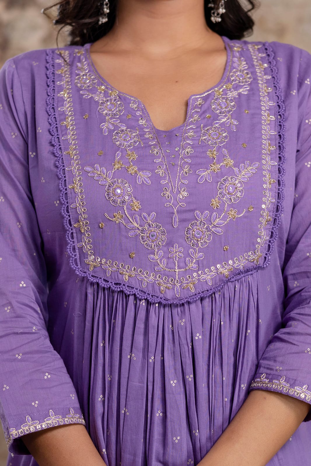 Embroidered Mul Cotton Anarkali Set In Purple