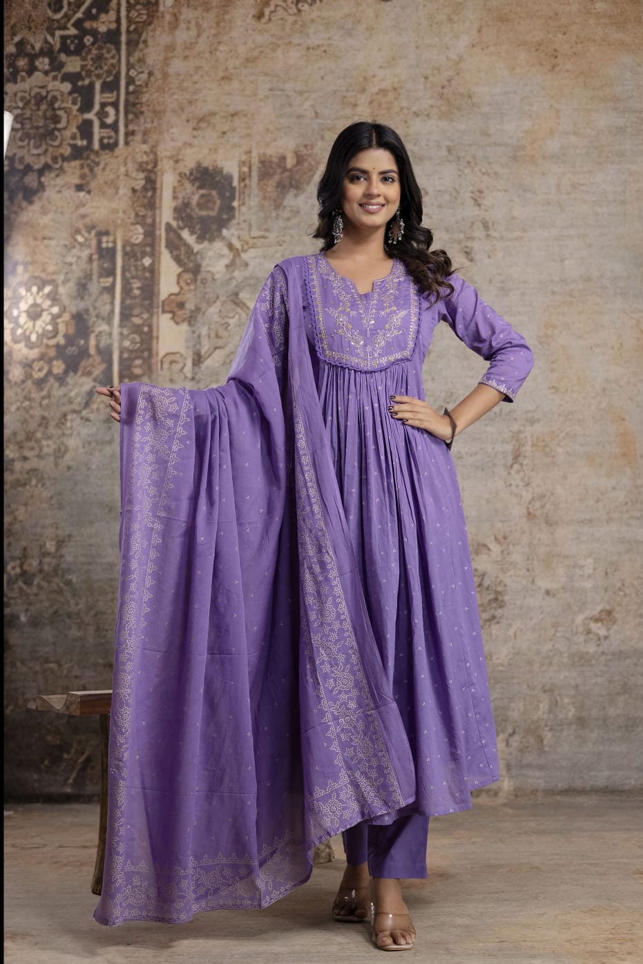 Embroidered Mul Cotton Anarkali Set In Purple