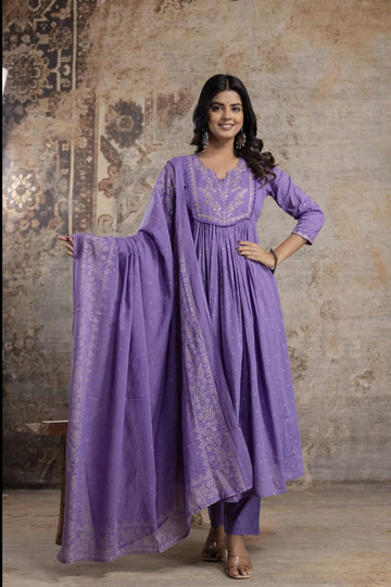Embroidered Mul Cotton Anarkali Set In Purple