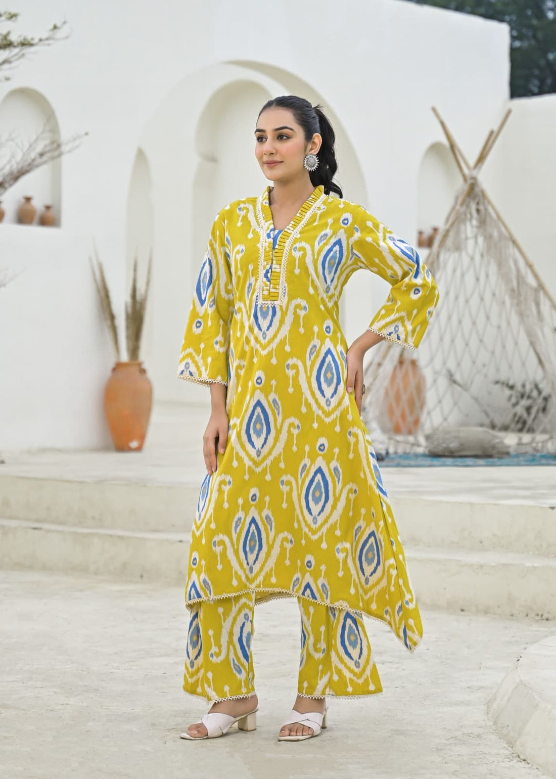 Ikat Print Khadi Cotton Co-ord Set In Yellow