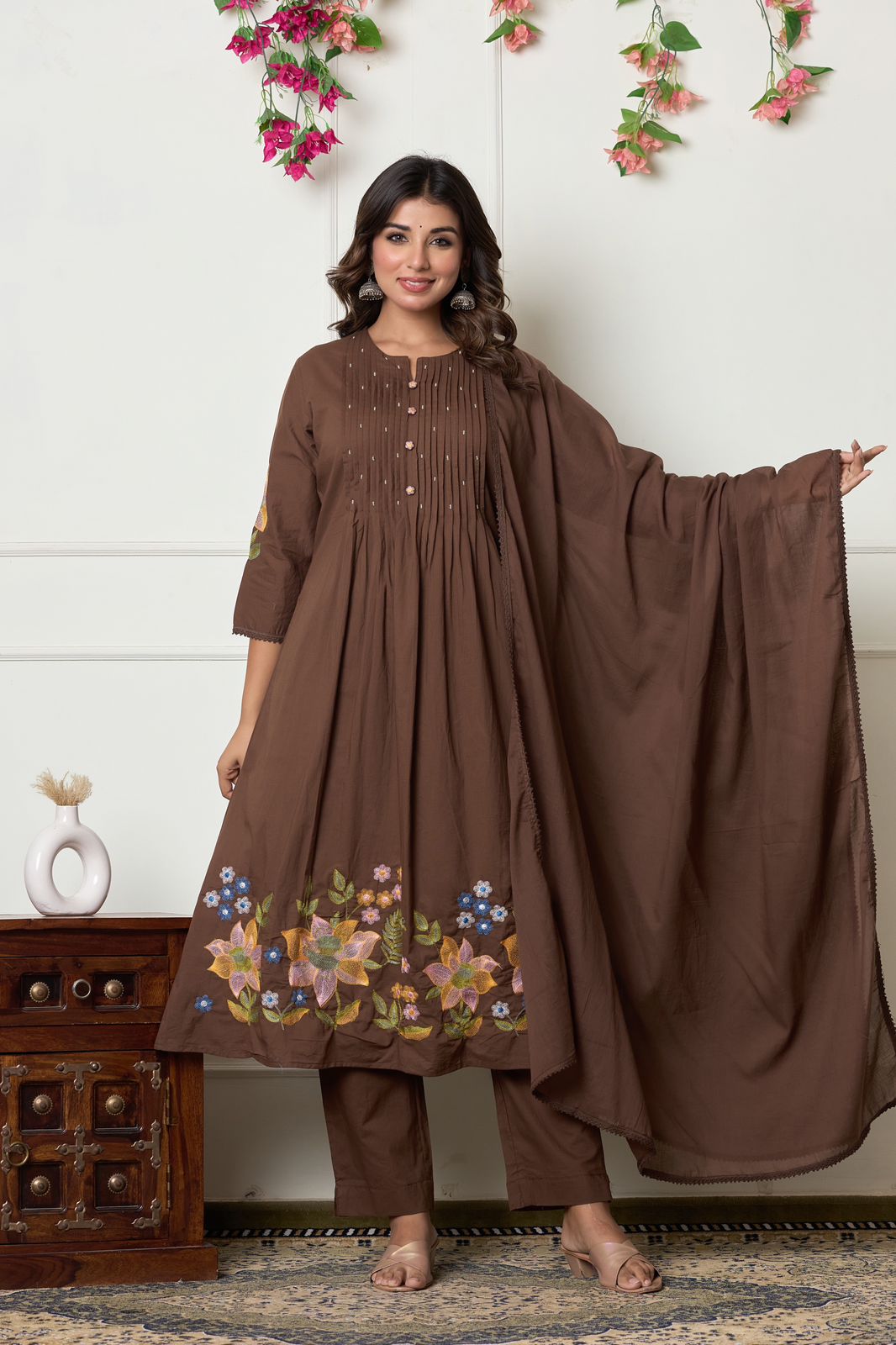 Aarohi Mul Cotton Embroidered Kurta & Dupatta Set