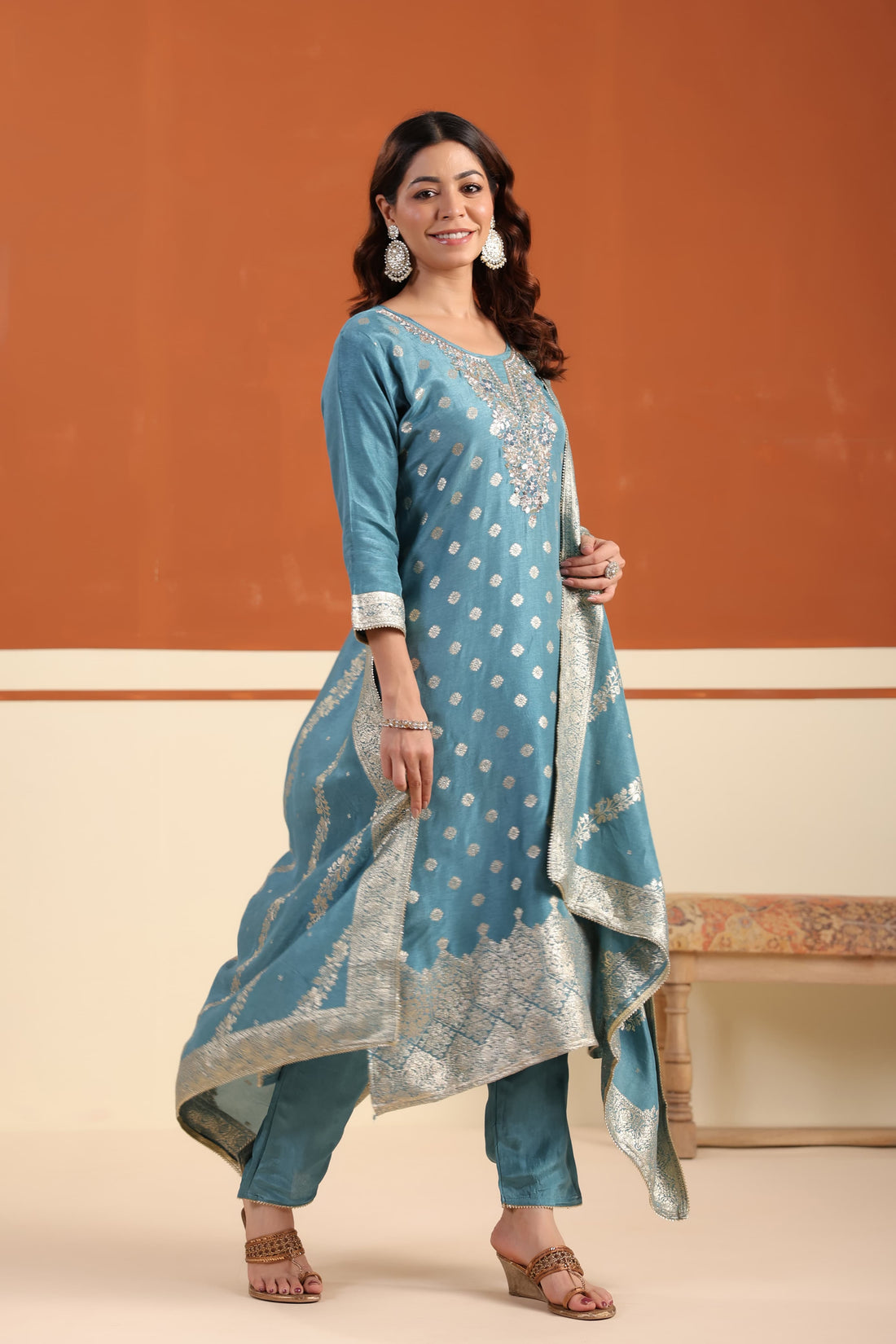 Teal Luxe Shimmer Silk Suit Set