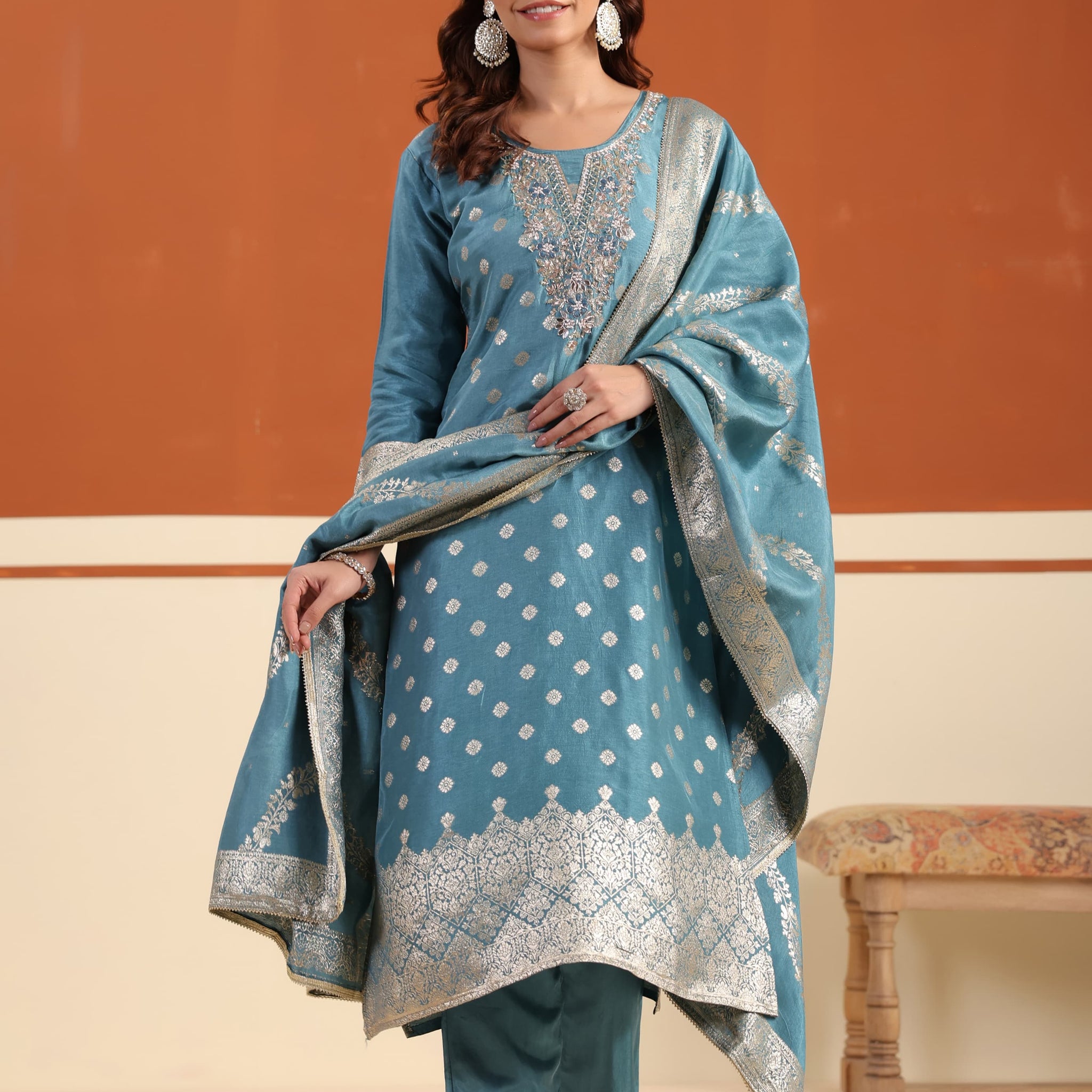 Teal Luxe Shimmer Silk Suit Set