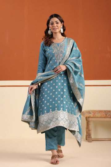 Teal Luxe Shimmer Silk Suit Set