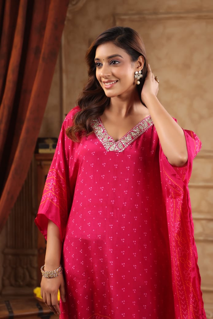 Silk Crepe Kaftan Set with Bandhani Design