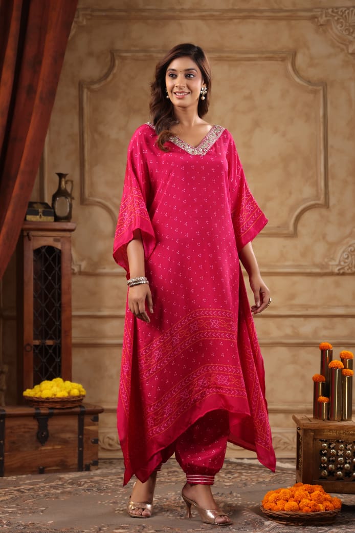 Silk Crepe Kaftan Set with Bandhani Design