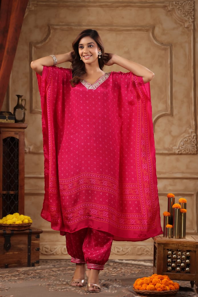 Silk Crepe Kaftan Set with Bandhani Design