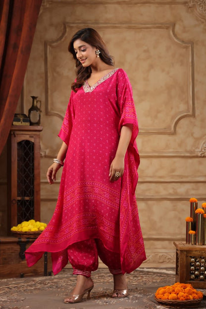 Silk Crepe Kaftan Set with Bandhani Design