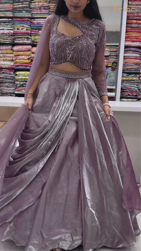 Lavender Metallic Tissue Silk Draped Lehenga Set